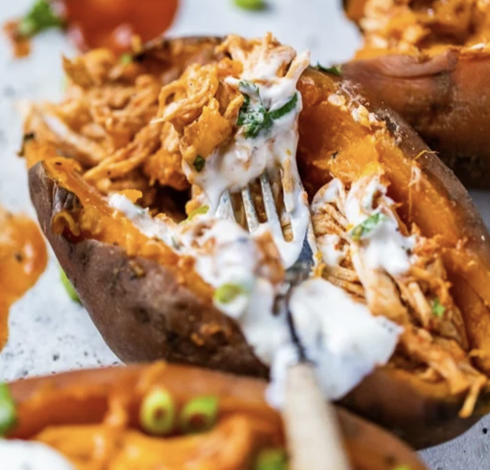 Slow Cooker Chicken Enchilada Stuffed Sweet Potatoes | Meal Plan Studio